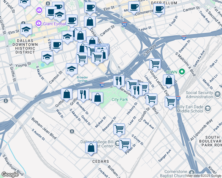 map of restaurants, bars, coffee shops, grocery stores, and more near 1409 Park Avenue in Dallas