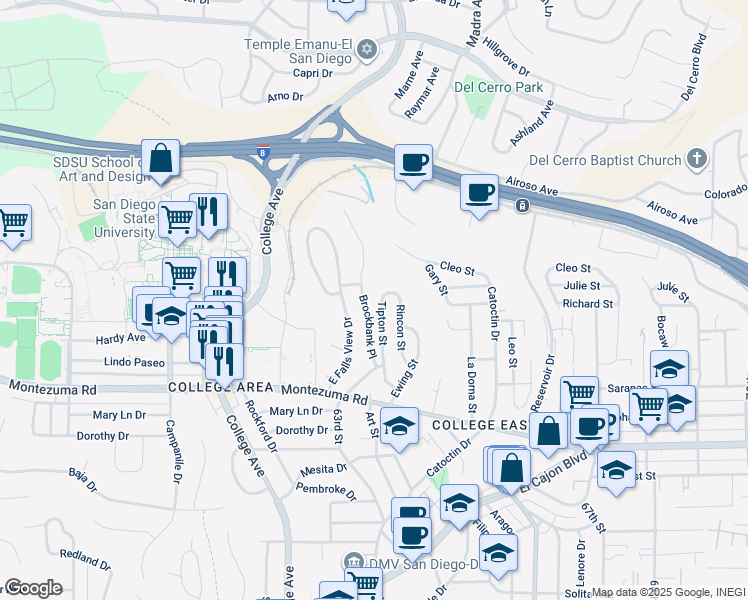 map of restaurants, bars, coffee shops, grocery stores, and more near 5230 Tipton Street in San Diego