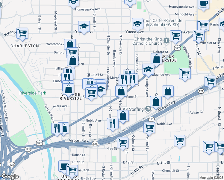 map of restaurants, bars, coffee shops, grocery stores, and more near 3111 Race Street in Fort Worth