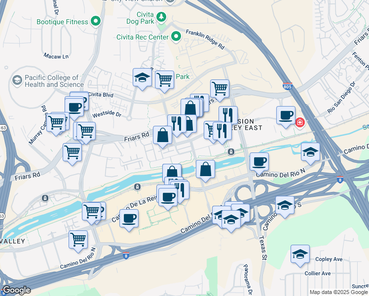 map of restaurants, bars, coffee shops, grocery stores, and more near 8301 Rio San Diego Drive in San Diego