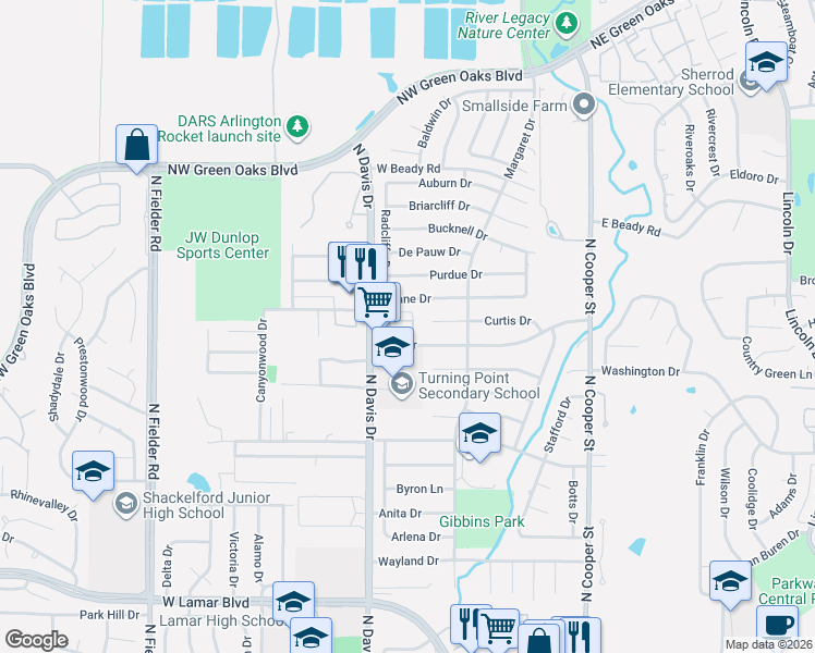 map of restaurants, bars, coffee shops, grocery stores, and more near 1111 Bert Drive in Arlington