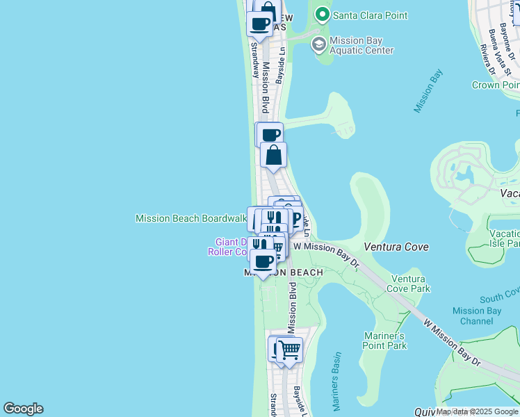 map of restaurants, bars, coffee shops, grocery stores, and more near 3285 Ocean Front Walk in San Diego