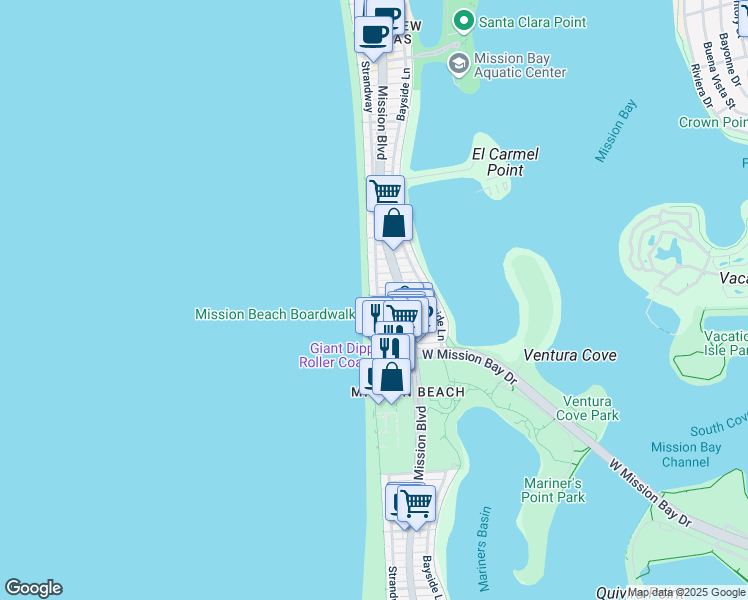 map of restaurants, bars, coffee shops, grocery stores, and more near 3285 Ocean Front Walk in San Diego