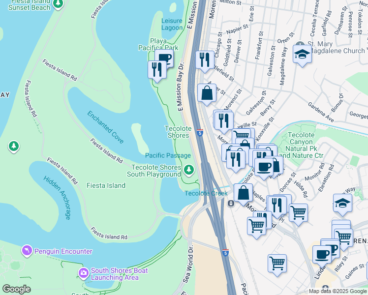 map of restaurants, bars, coffee shops, grocery stores, and more near 1344 East Mission Bay Drive in San Diego
