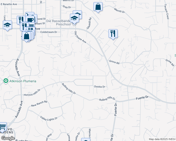 map of restaurants, bars, coffee shops, grocery stores, and more near 1258 Bernita Road in El Cajon