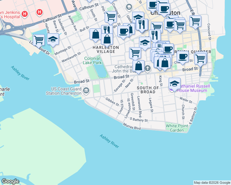 map of restaurants, bars, coffee shops, grocery stores, and more near 4 Savage Street in Charleston