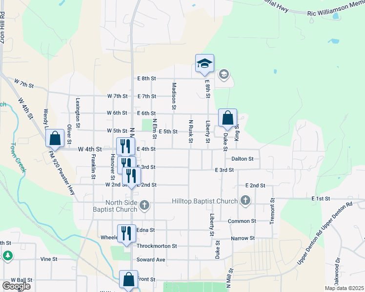map of restaurants, bars, coffee shops, grocery stores, and more near 309 East 4th Street in Weatherford