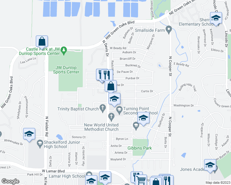 map of restaurants, bars, coffee shops, grocery stores, and more near 1106 Brighton Drive in Arlington