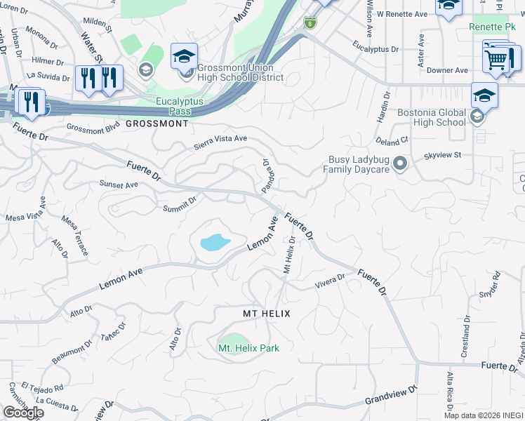 map of restaurants, bars, coffee shops, grocery stores, and more near 10035 Ward Lane in La Mesa