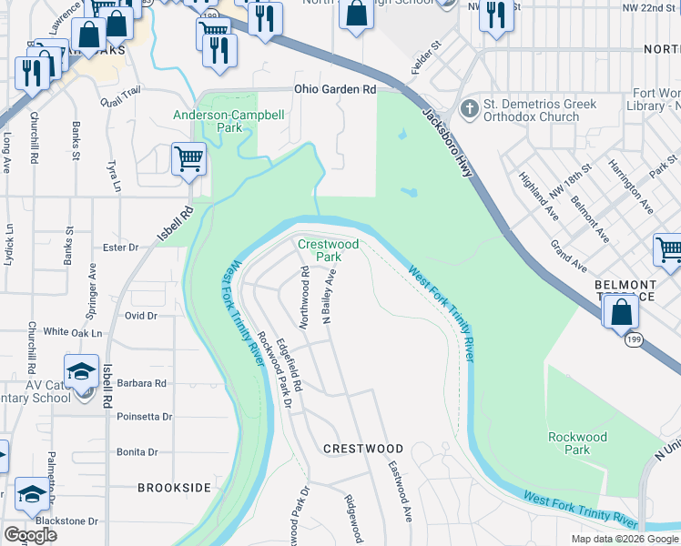 map of restaurants, bars, coffee shops, grocery stores, and more near 848 North Bailey Avenue in Fort Worth