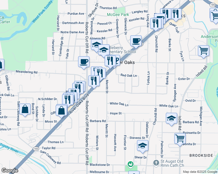 map of restaurants, bars, coffee shops, grocery stores, and more near 900 Merritt Street in River Oaks