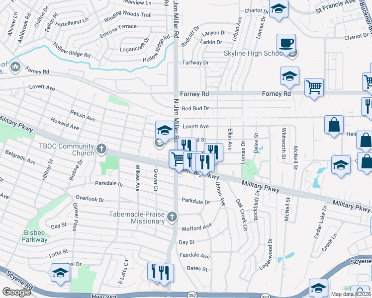 map of restaurants, bars, coffee shops, grocery stores, and more near 7024 Benning Avenue in Dallas