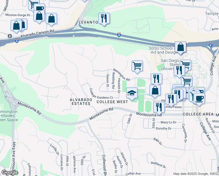 map of restaurants, bars, coffee shops, grocery stores, and more near 5265 Manhasset Drive in San Diego