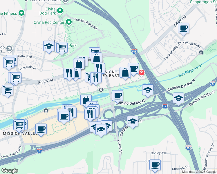 map of restaurants, bars, coffee shops, grocery stores, and more near Qualcomm Way in San Diego