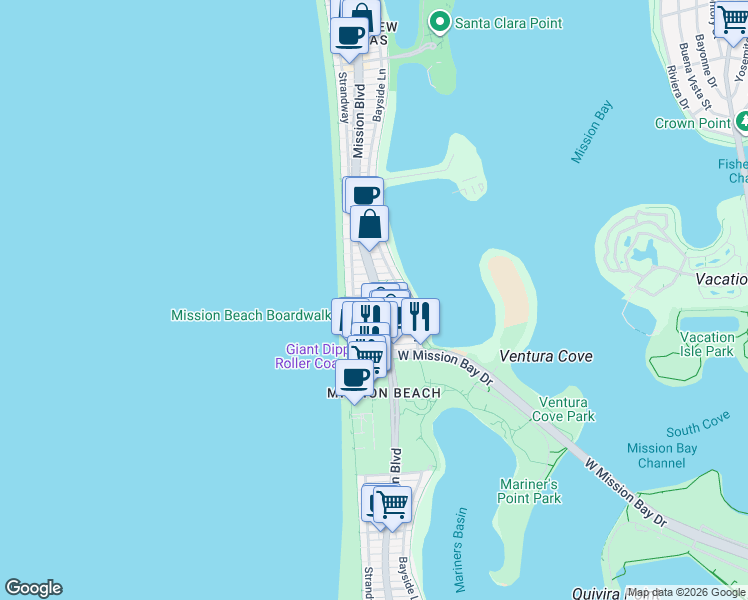 map of restaurants, bars, coffee shops, grocery stores, and more near in San Diego