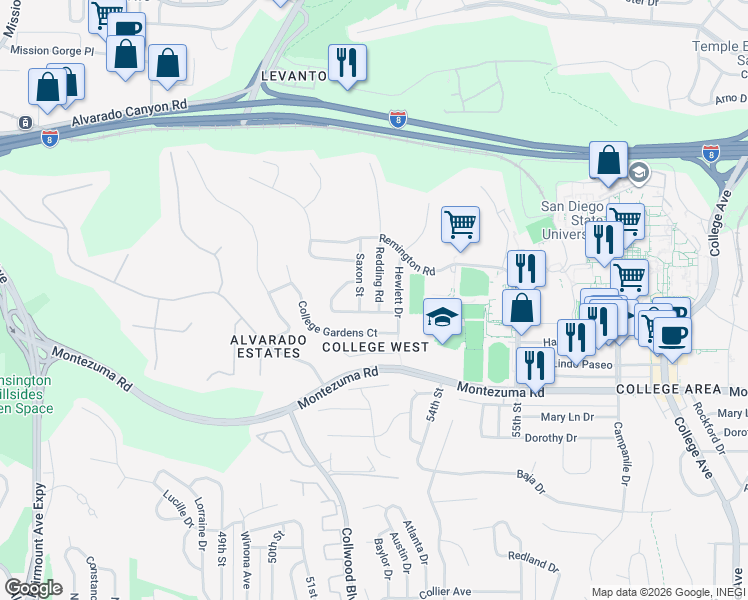 map of restaurants, bars, coffee shops, grocery stores, and more near 5265 Manhasset Drive in San Diego