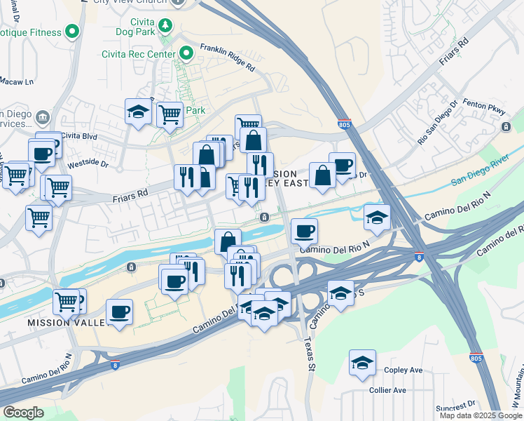 map of restaurants, bars, coffee shops, grocery stores, and more near 8233 Station Village Way in San Diego