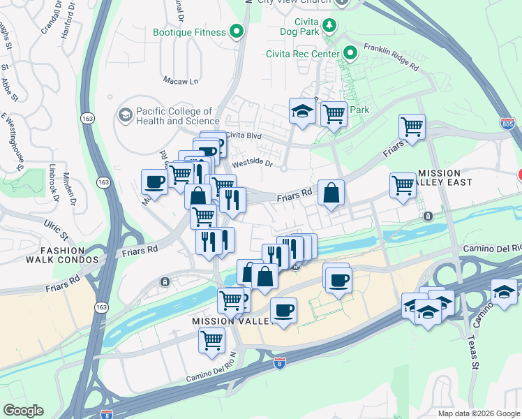 map of restaurants, bars, coffee shops, grocery stores, and more near 7960 Mission Center Court in San Diego