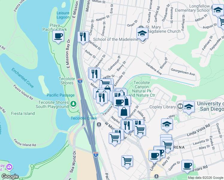map of restaurants, bars, coffee shops, grocery stores, and more near 1395 Morena Boulevard in San Diego