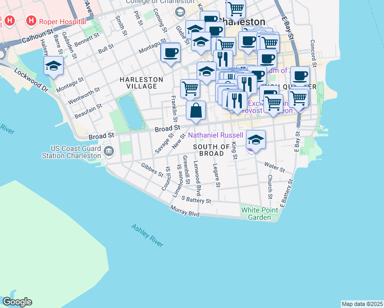 map of restaurants, bars, coffee shops, grocery stores, and more near 1 Greenhill Street in Charleston