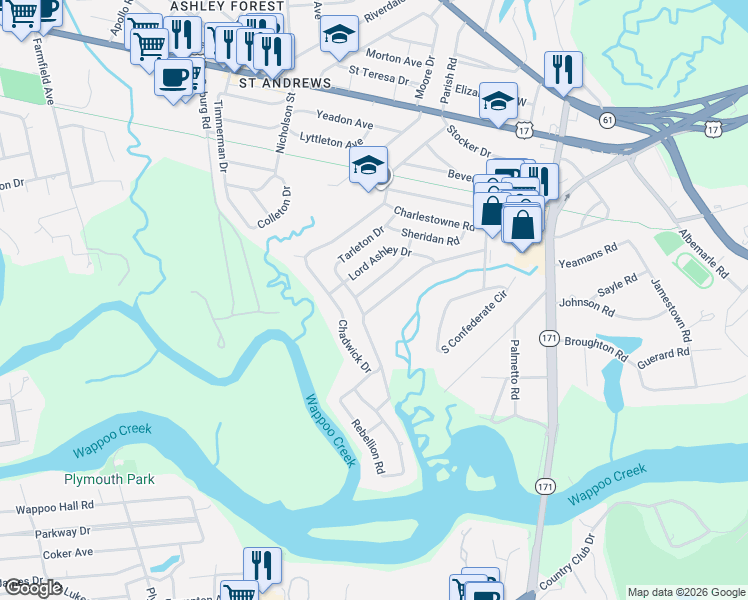 map of restaurants, bars, coffee shops, grocery stores, and more near 114 Chadwick Drive in Charleston