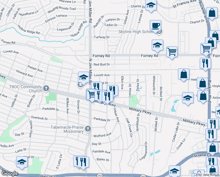 map of restaurants, bars, coffee shops, grocery stores, and more near 7102 Benning Avenue in Dallas