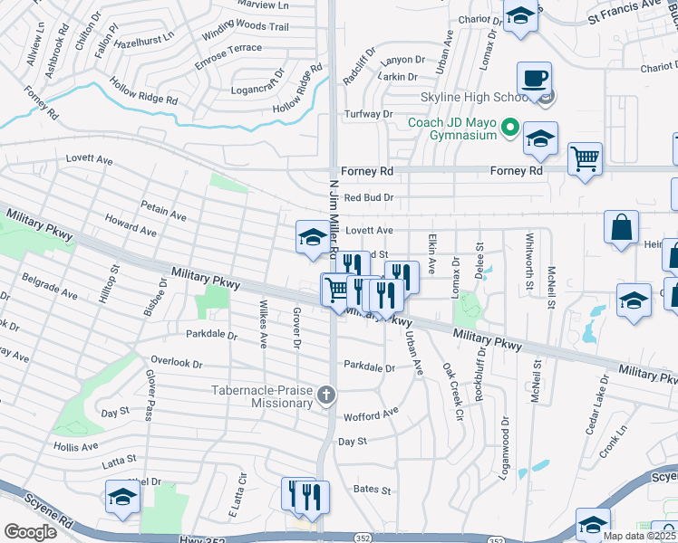 map of restaurants, bars, coffee shops, grocery stores, and more near 4087-4149 N Jim Miller Rd in Dallas