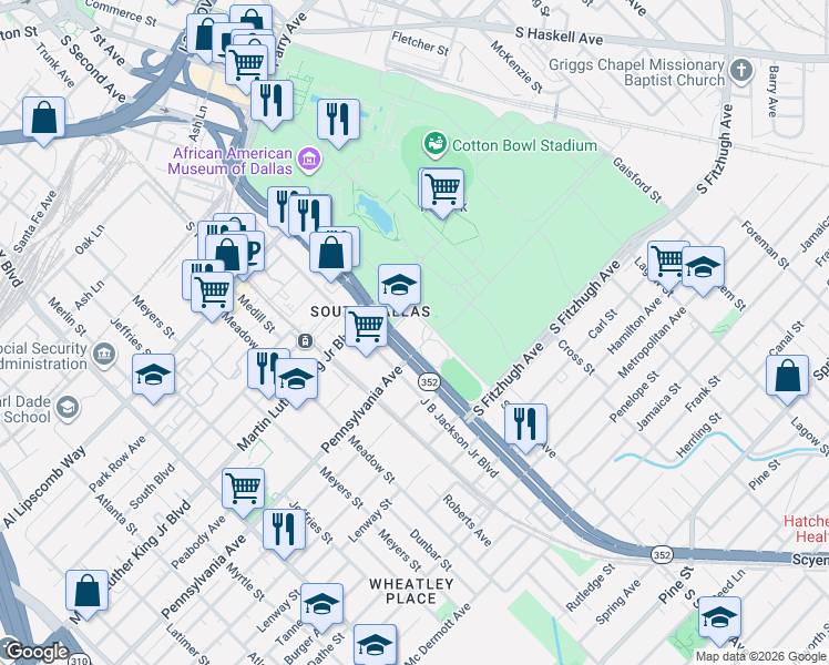 map of restaurants, bars, coffee shops, grocery stores, and more near 1718 Highway 352 in Dallas