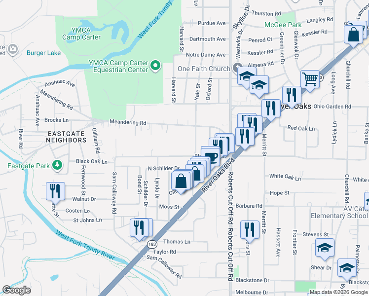map of restaurants, bars, coffee shops, grocery stores, and more near 5509 Black Oak Lane in River Oaks