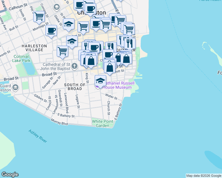 map of restaurants, bars, coffee shops, grocery stores, and more near 59 Church Street in Charleston