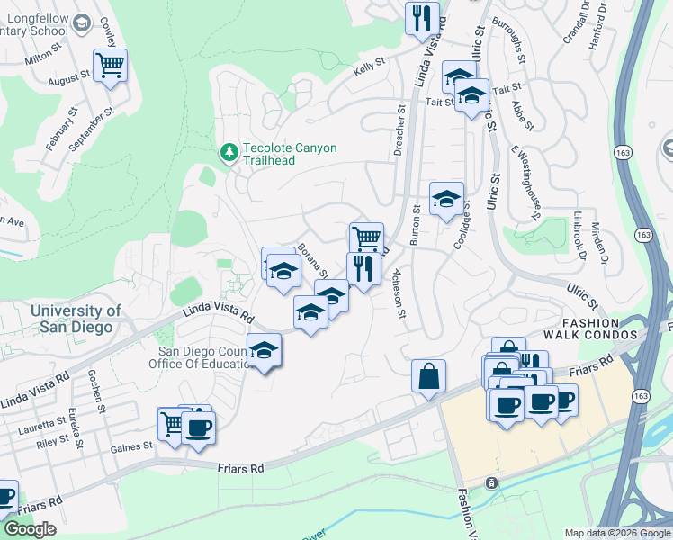 map of restaurants, bars, coffee shops, grocery stores, and more near 6548 Alcala Knolls Drive in San Diego