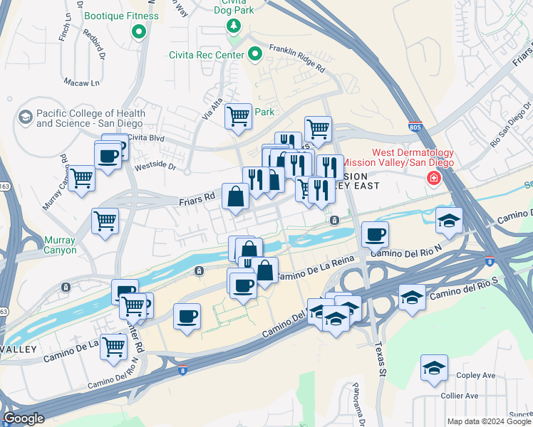 map of restaurants, bars, coffee shops, grocery stores, and more near 8301 Rio San Diego Drive in San Diego