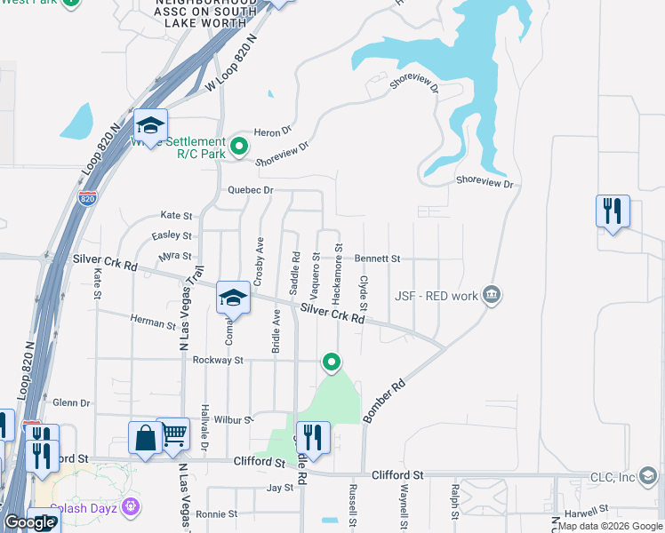 map of restaurants, bars, coffee shops, grocery stores, and more near 828 Vaquero Street in Fort Worth