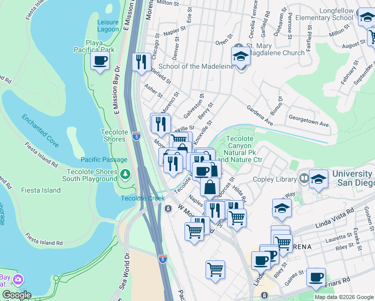 map of restaurants, bars, coffee shops, grocery stores, and more near 1342 Knoxville Street in San Diego