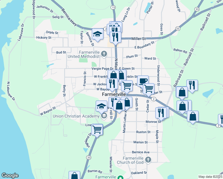 map of restaurants, bars, coffee shops, grocery stores, and more near 208 West Bayou Street in Farmerville