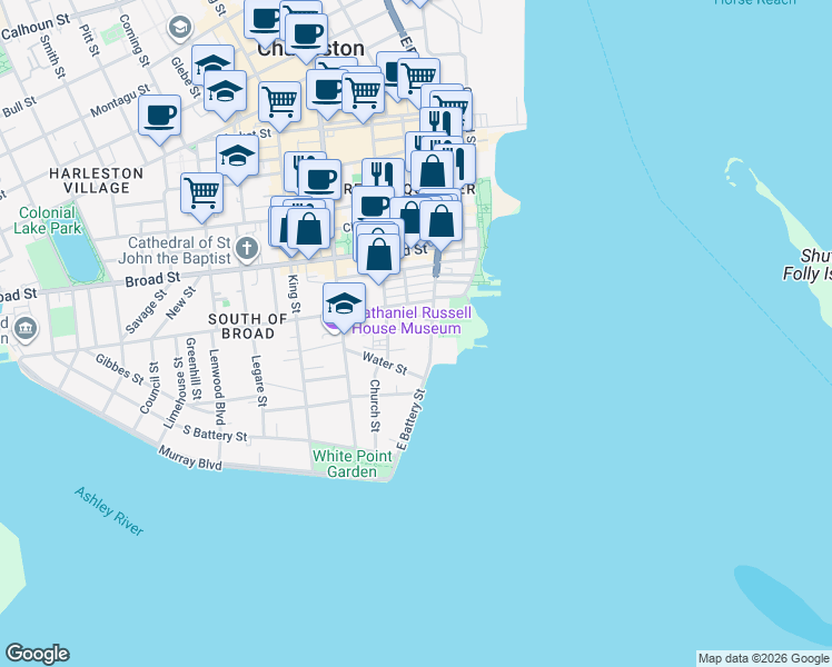 map of restaurants, bars, coffee shops, grocery stores, and more near 53 East Bay Street in Charleston