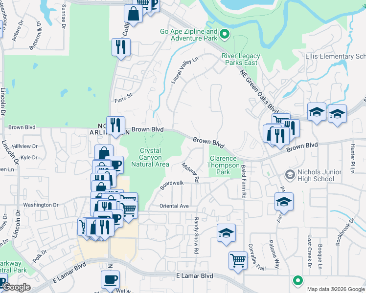 map of restaurants, bars, coffee shops, grocery stores, and more near 2400 Bluffview Court in Arlington