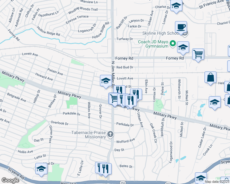 map of restaurants, bars, coffee shops, grocery stores, and more near 7007 Benning Avenue in Dallas