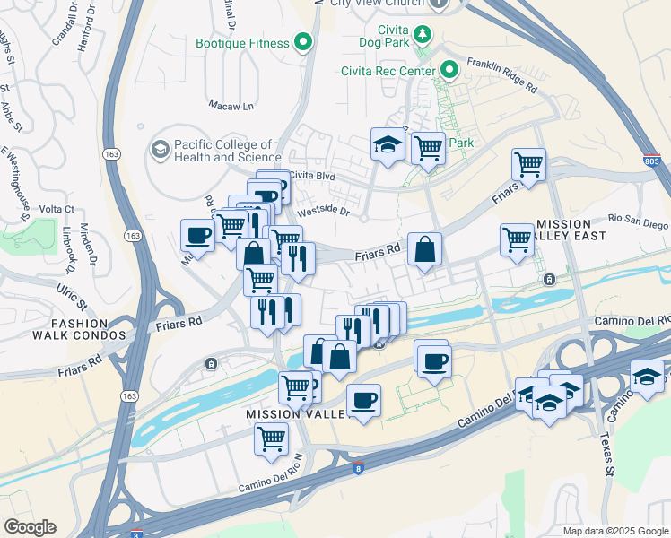 map of restaurants, bars, coffee shops, grocery stores, and more near 7948 Mission Center Court in San Diego