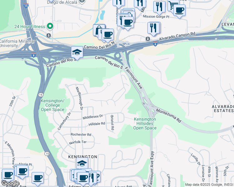 map of restaurants, bars, coffee shops, grocery stores, and more near 4351 Caminito Araya in San Diego
