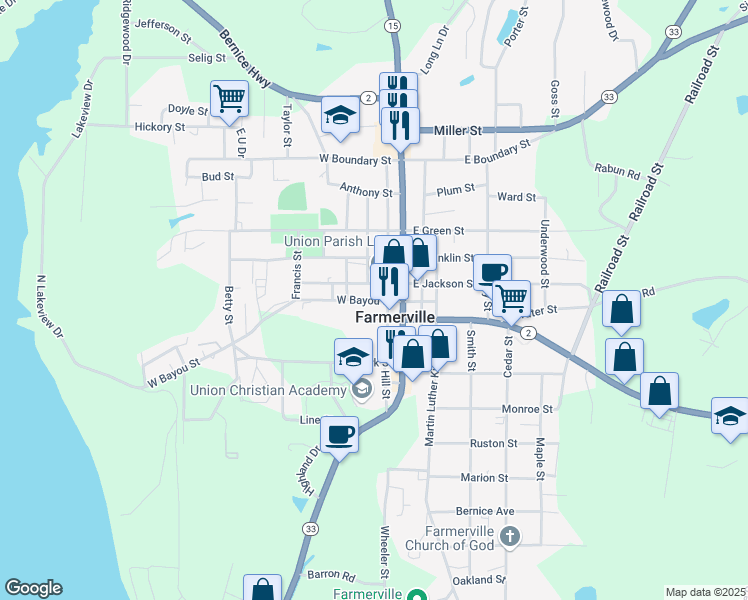 map of restaurants, bars, coffee shops, grocery stores, and more near 208 West Bayou Street in Farmerville