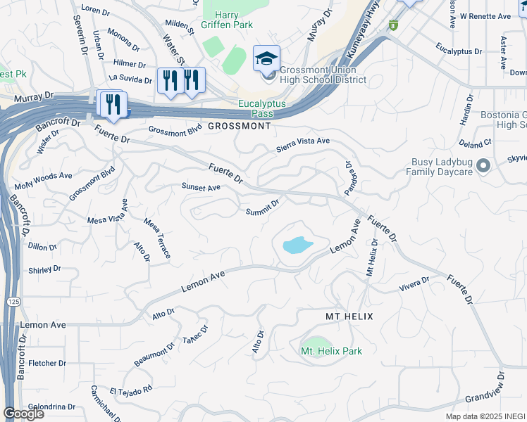 map of restaurants, bars, coffee shops, grocery stores, and more near Summit Drive in La Mesa