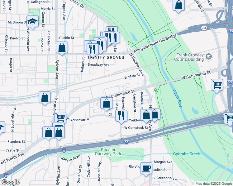 map of restaurants, bars, coffee shops, grocery stores, and more near 310 West Commerce Street in Dallas