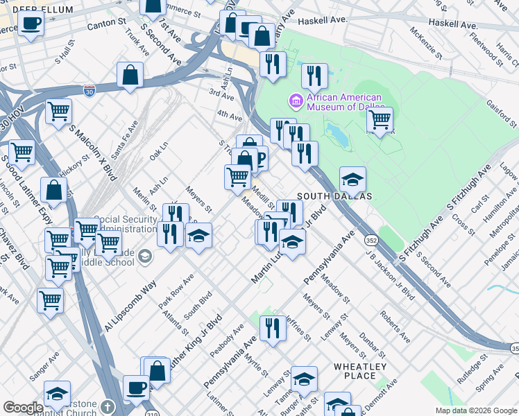 map of restaurants, bars, coffee shops, grocery stores, and more near 2804 Meadow Street in Dallas