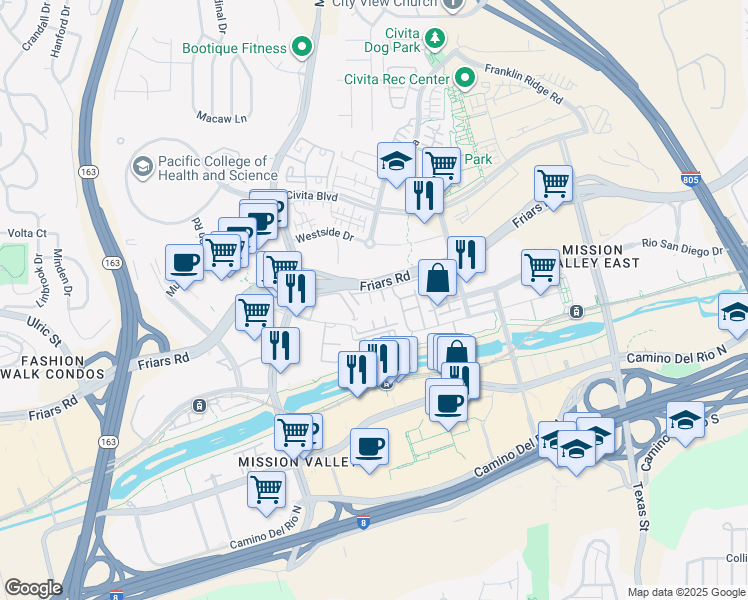 map of restaurants, bars, coffee shops, grocery stores, and more near 8270 Station Village Lane in San Diego