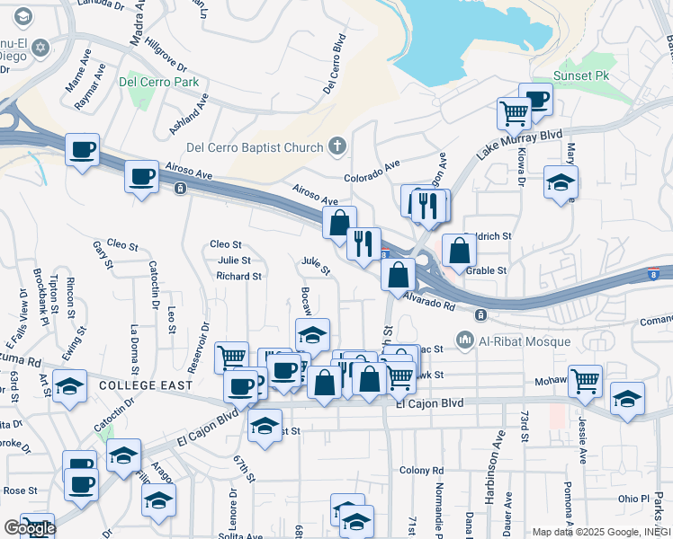 map of restaurants, bars, coffee shops, grocery stores, and more near 5226 69th Street in San Diego