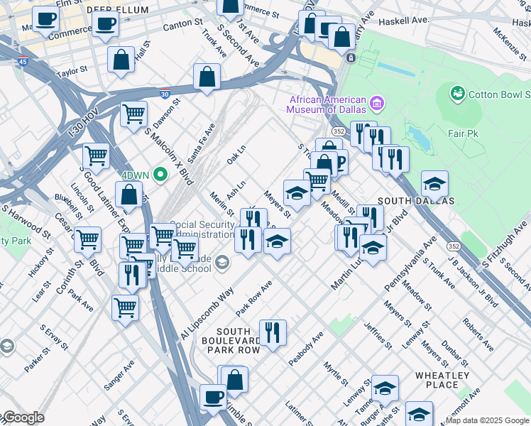 map of restaurants, bars, coffee shops, grocery stores, and more near 2618 Jeffries Street in Dallas