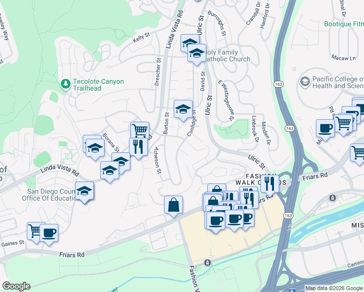 map of restaurants, bars, coffee shops, grocery stores, and more near 1611 Coolidge Street in San Diego