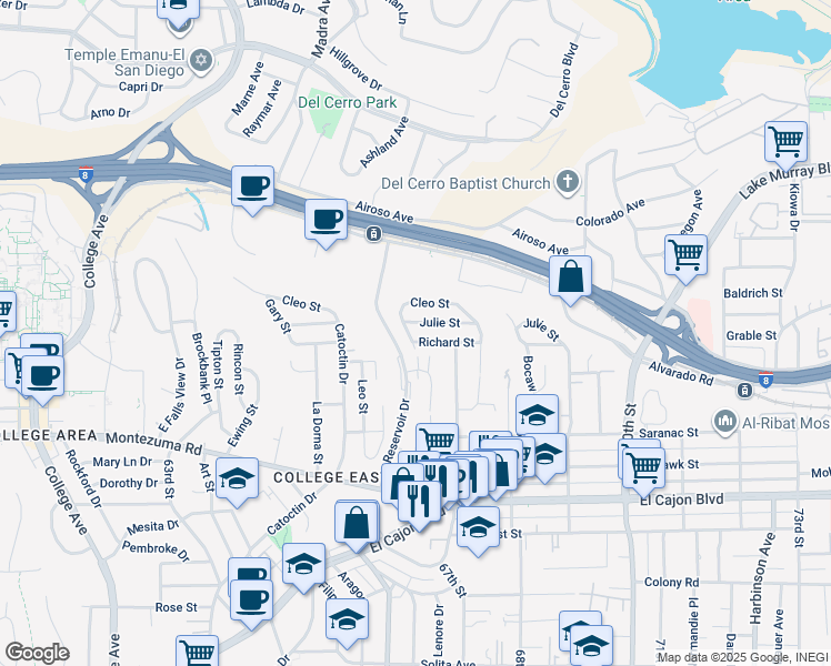 map of restaurants, bars, coffee shops, grocery stores, and more near 5204 Lenore Drive in San Diego