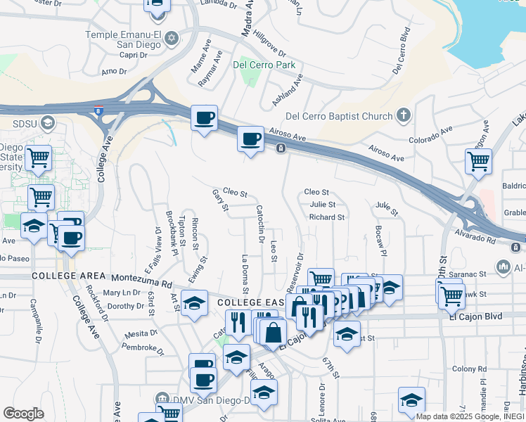 map of restaurants, bars, coffee shops, grocery stores, and more near 6459 Richard Street in San Diego